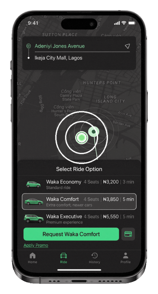 Move Waka rider app on a phone showing Waka Economy, Waka Comfort and Waka Executive